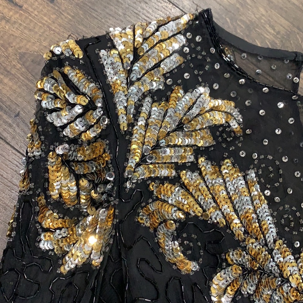 VINTAGE Laurence Kazar Pure Silk Beaded Dress Size Small, Black Gold & Sequin - Picture 6 of 15